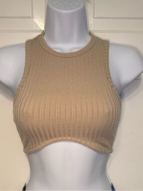 Princess Polly Beige Ribbed High Neck Crop Tank